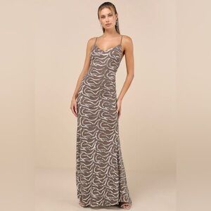 Lulu’s Mesmerizing Demeanor Taupe Sequin Backless Mermaid Maxi Dress